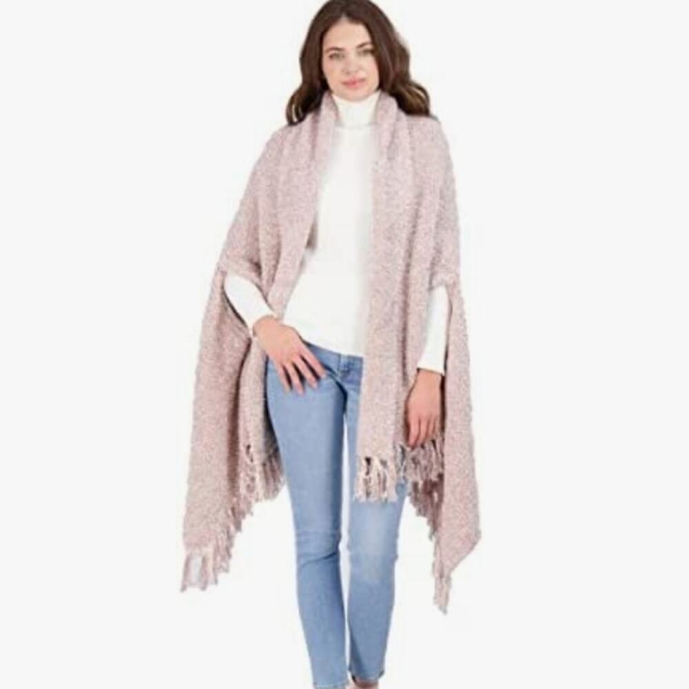 BAREFOOT DREAMS NEW FUZZY ROSE BALLET PINK POCKETS WITH FRINGE ONE SIZE WRAP
